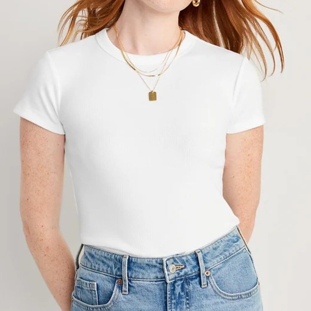 Old Navy Short Sleeve Snug Crop Ribbed Rib Knit Tee Top Size M Calla Lily White